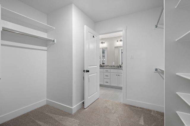 walk in closet featuring light colored carpet