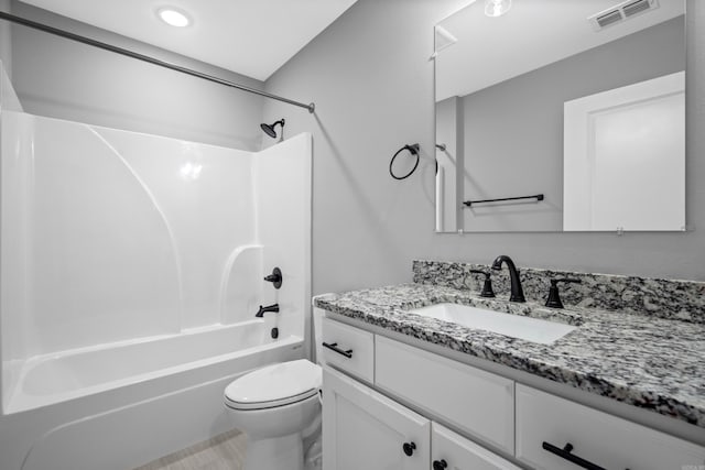 full bathroom with toilet, bathtub / shower combination, and vanity