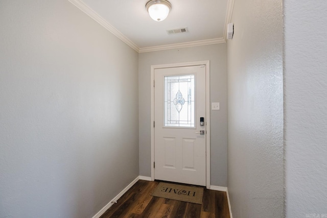 doorway featuring dark hardwood / wood-style flooring and crown molding