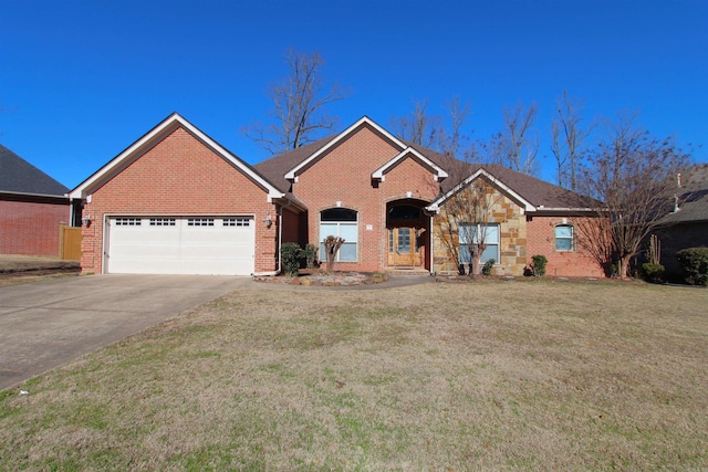 ranch-style house with a front yard and a garage