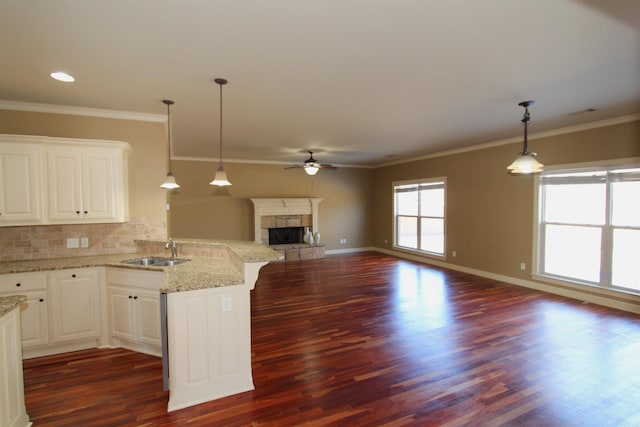 kitchen featuring kitchen peninsula, sink, white cabinetry, dark wood-type flooring, and light stone countertops