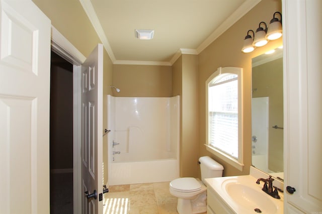 full bathroom with toilet, shower / washtub combination, tile patterned floors, ornamental molding, and vanity