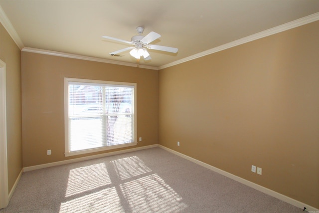 carpeted empty room with ceiling fan and ornamental molding