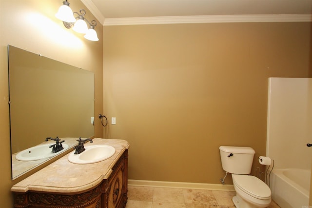 bathroom with toilet, crown molding, and vanity