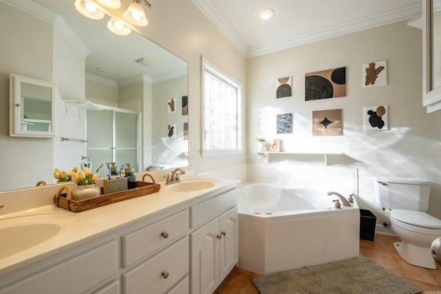 full bathroom with ornamental molding, tile patterned floors, separate shower and tub, and vanity