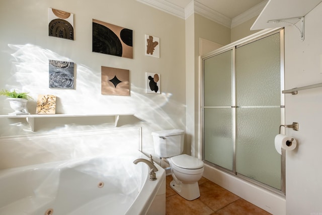 bathroom featuring toilet, tile patterned flooring, crown molding, and separate shower and tub