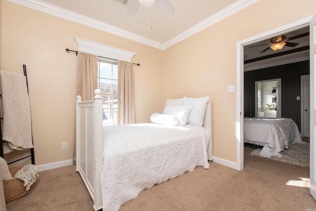 carpeted bedroom with ceiling fan and ornamental molding