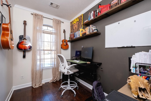 home office featuring a wealth of natural light, ornamental molding, and dark hardwood / wood-style floors