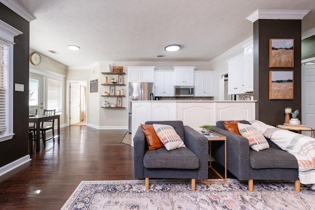 living room featuring wood-type flooring and crown molding