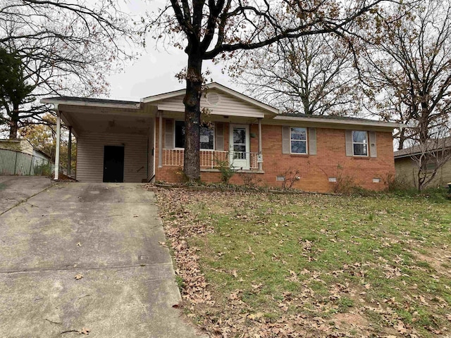 single story home with a front lawn, a carport, and covered porch