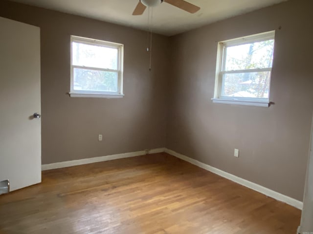 unfurnished room featuring ceiling fan and light hardwood / wood-style flooring