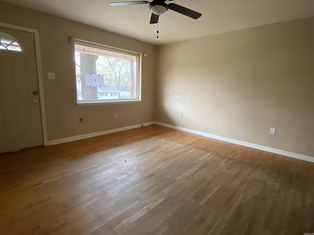 foyer with ceiling fan and hardwood / wood-style floors