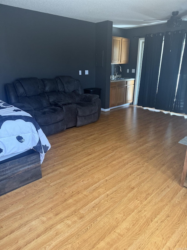 living room with a textured ceiling, light wood finished floors, and baseboards