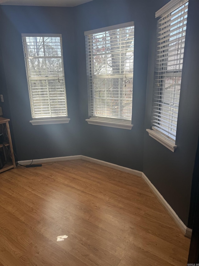 unfurnished room with baseboards, a wealth of natural light, and wood finished floors