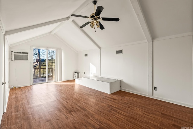 bonus room featuring ceiling fan, hardwood / wood-style flooring, an AC wall unit, and vaulted ceiling with beams