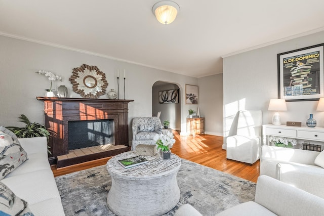 living room with hardwood / wood-style floors and crown molding