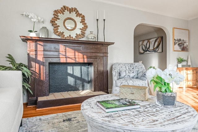 living area with hardwood / wood-style floors and crown molding