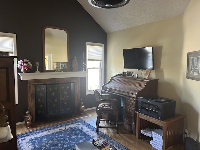 office space featuring hardwood / wood-style flooring, a textured ceiling, and vaulted ceiling