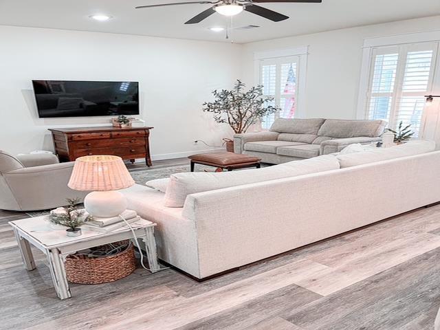 living room featuring wood-type flooring and a wealth of natural light