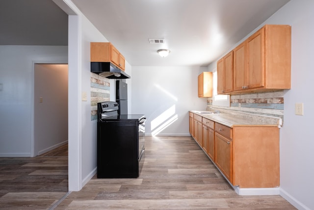 kitchen featuring light wood-type flooring, electric range, sink, and light brown cabinetry