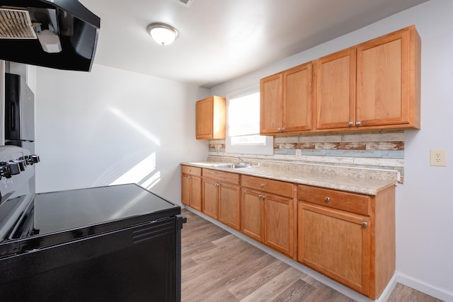 kitchen featuring black electric range, decorative backsplash, sink, light wood-type flooring, and ventilation hood