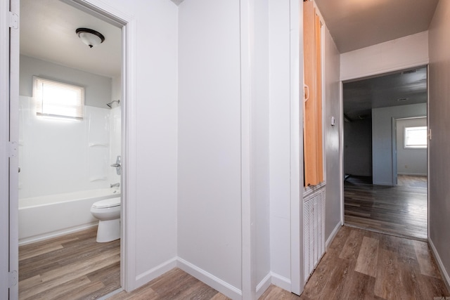 hall with plenty of natural light and hardwood / wood-style floors