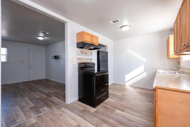 kitchen featuring a wealth of natural light, sink, wood-type flooring, and black appliances