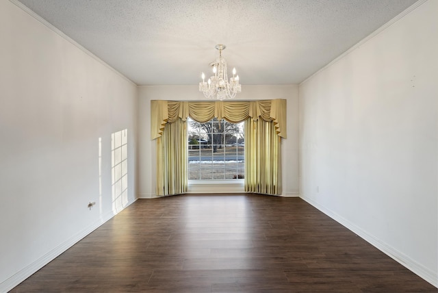 unfurnished dining area featuring a textured ceiling, an inviting chandelier, and dark hardwood / wood-style flooring