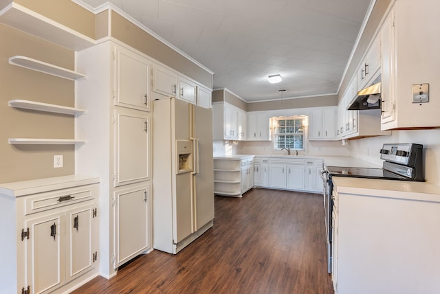 kitchen with dark hardwood / wood-style floors, crown molding, stainless steel electric stove, white cabinets, and white fridge with ice dispenser