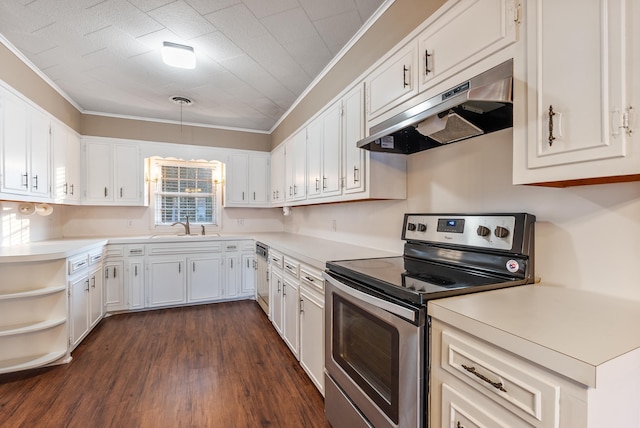 kitchen with white cabinetry, appliances with stainless steel finishes, dark hardwood / wood-style flooring, and ornamental molding