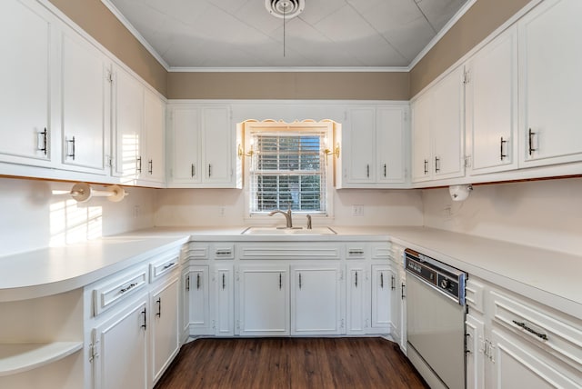 kitchen featuring white cabinetry, dark hardwood / wood-style floors, white dishwasher, crown molding, and sink