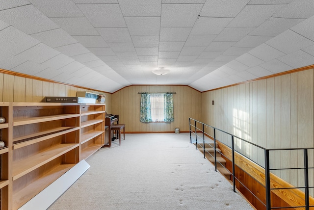 additional living space with vaulted ceiling and light colored carpet