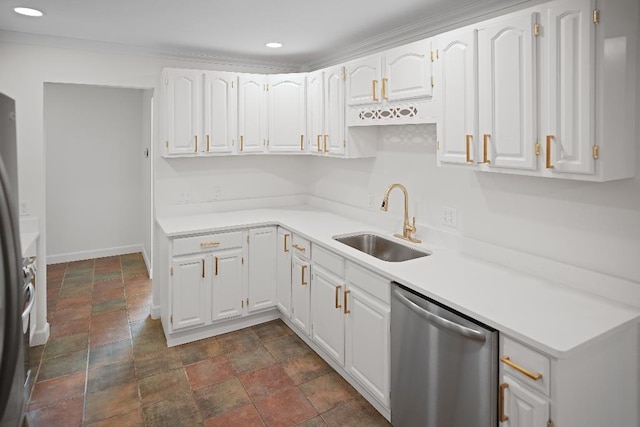 kitchen with white cabinetry, crown molding, stainless steel dishwasher, and sink