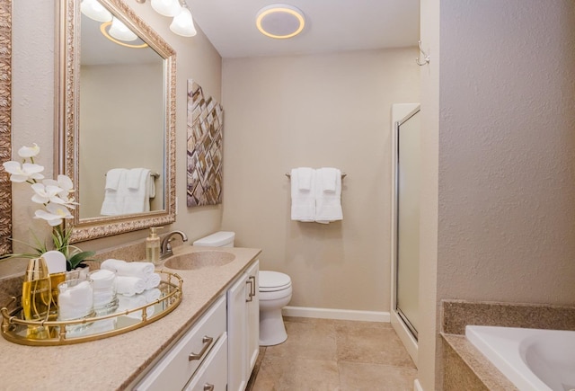 full bathroom with toilet, vanity, tile patterned flooring, and plus walk in shower