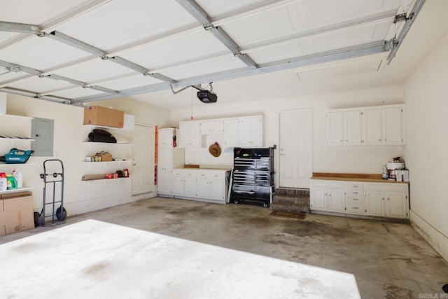 garage featuring electric panel and a garage door opener