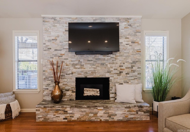 interior details featuring a fireplace and hardwood / wood-style flooring