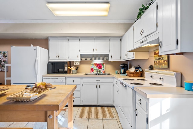 kitchen featuring white cabinets, light tile patterned floors, sink, and white appliances