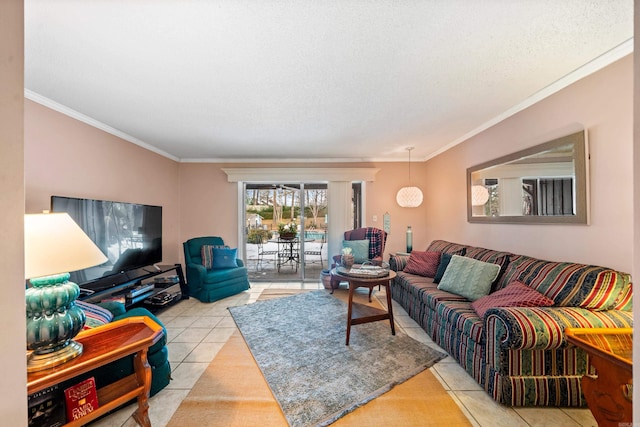 living room featuring a textured ceiling, light tile patterned flooring, and crown molding