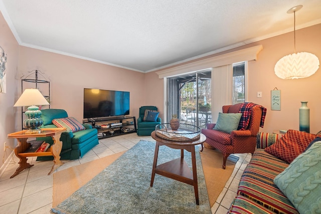 living room with light tile patterned floors, crown molding, and a textured ceiling