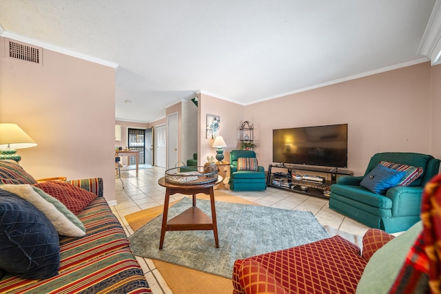 tiled living room with crown molding