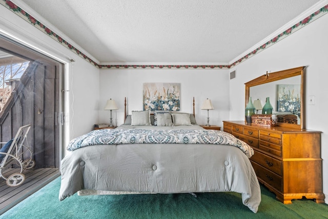 carpeted bedroom with a textured ceiling