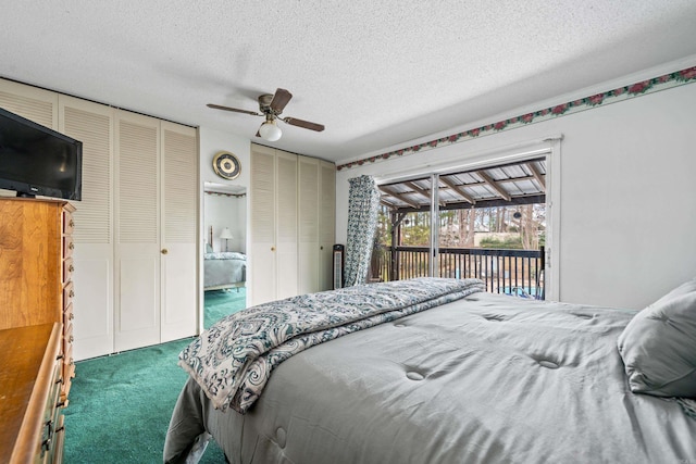 bedroom featuring ceiling fan, access to exterior, a textured ceiling, and carpet flooring