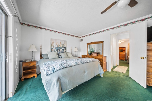 bedroom with a textured ceiling, ceiling fan, crown molding, and dark colored carpet