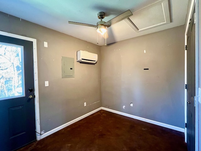 entrance foyer with ceiling fan, electric panel, and an AC wall unit