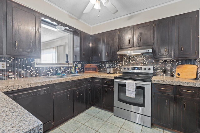 kitchen with stainless steel range with electric cooktop, decorative backsplash, dishwasher, and sink