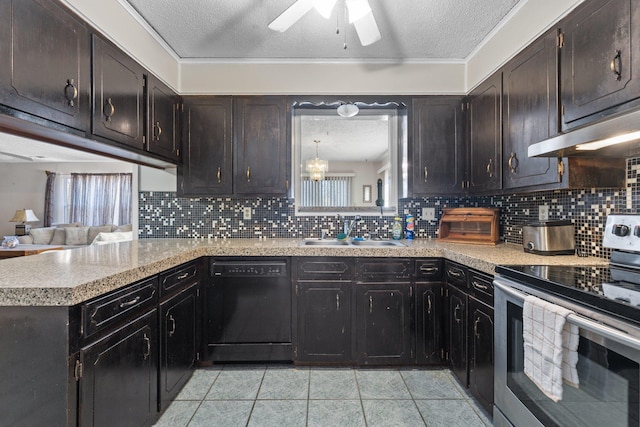 kitchen with backsplash, dishwasher, kitchen peninsula, electric range, and sink