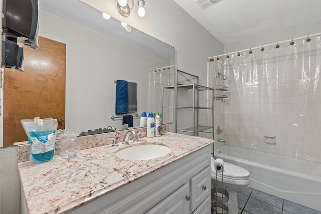 full bathroom featuring shower / bath combo, tile patterned floors, vanity, and toilet