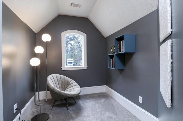 living area with carpet and lofted ceiling