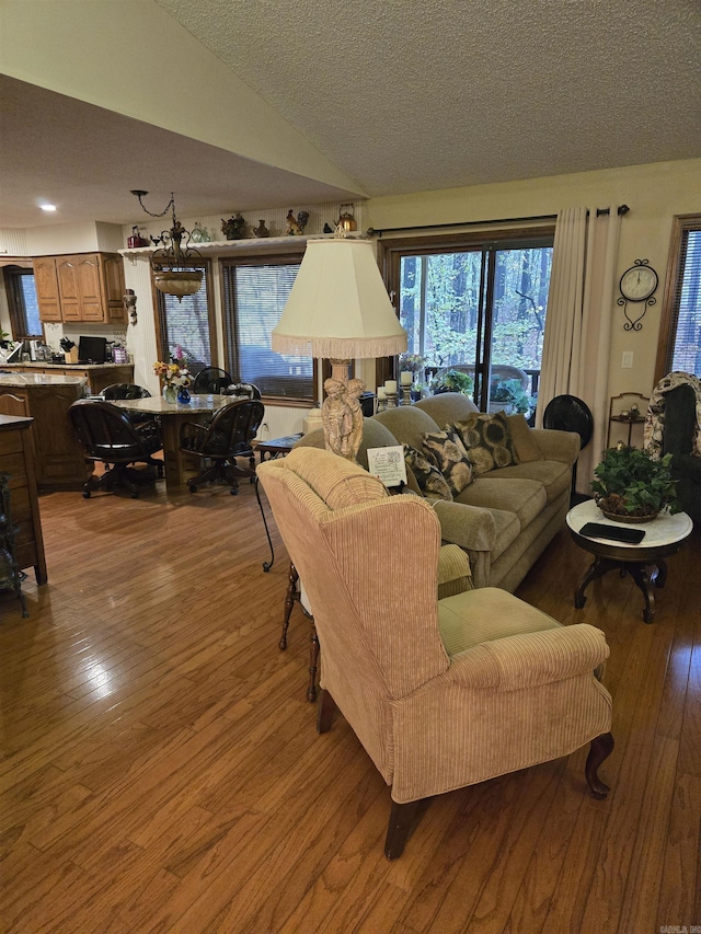 living room featuring a textured ceiling, vaulted ceiling, and wood-type flooring