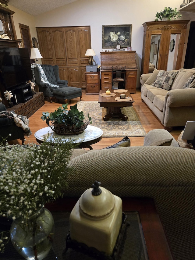 living room featuring light hardwood / wood-style flooring and lofted ceiling